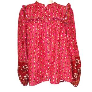 Joie Red Floral Peasant Blouse M | Boho Ruffle Long Sleeve Button Top